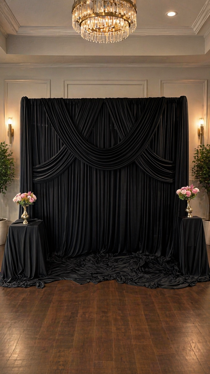 Black draping backdrop with floral accents