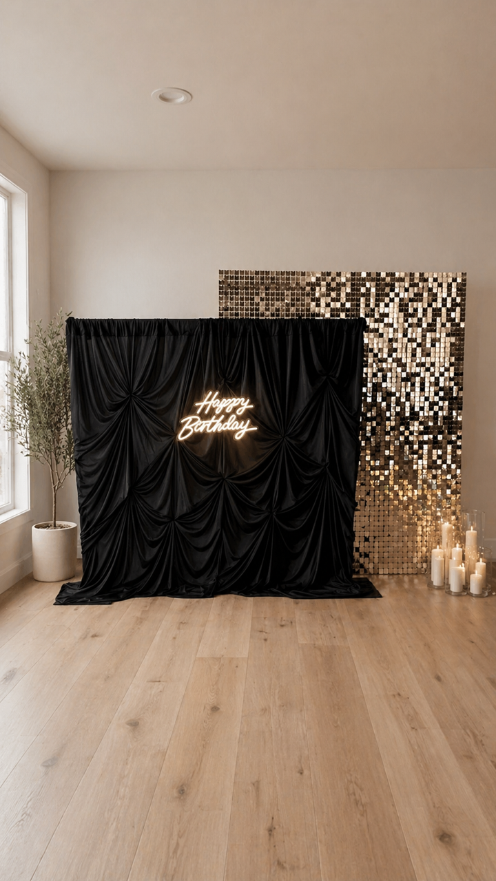 Black and gold birthday backdrop with candles