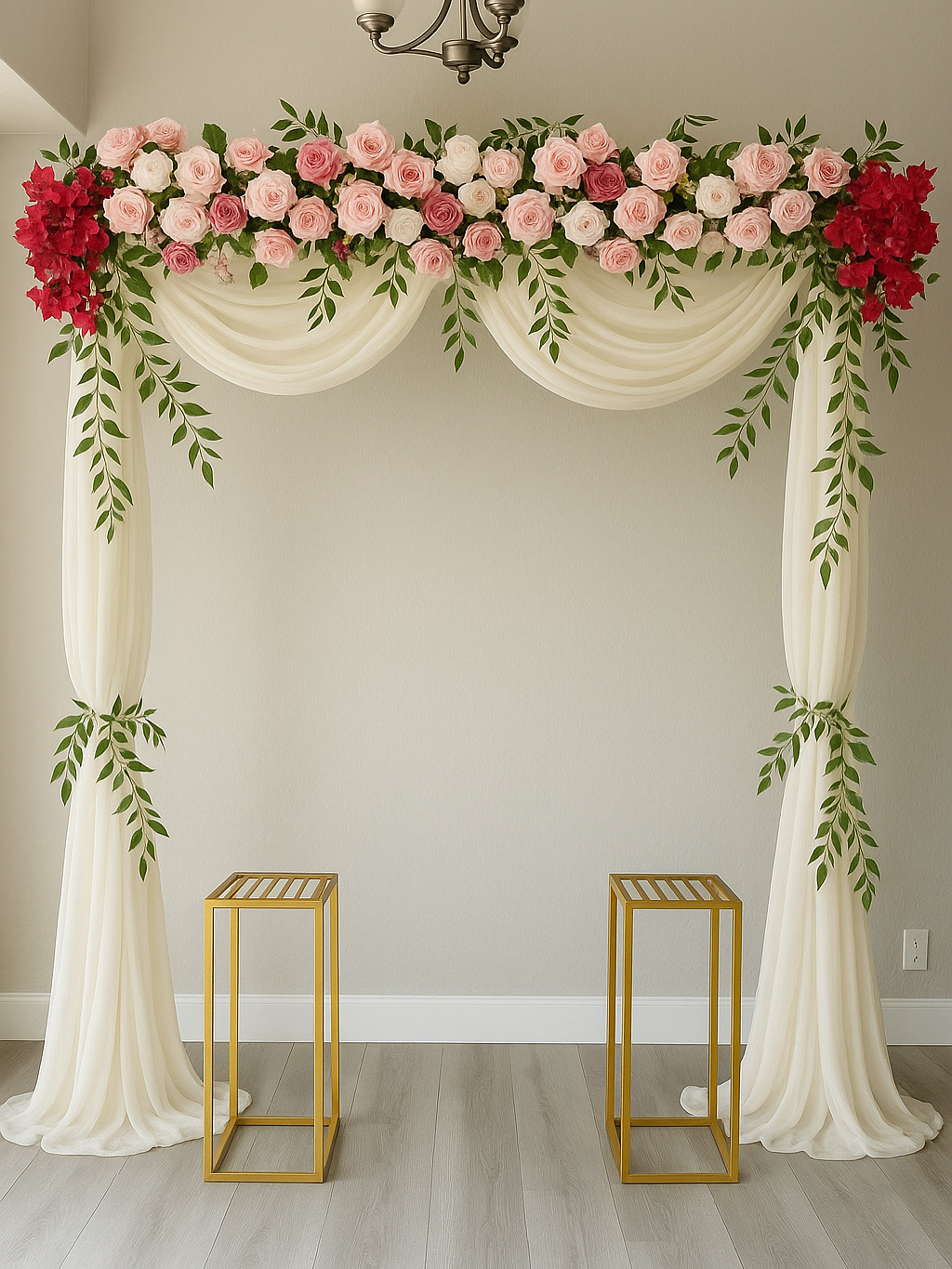 Floral arch with white draping