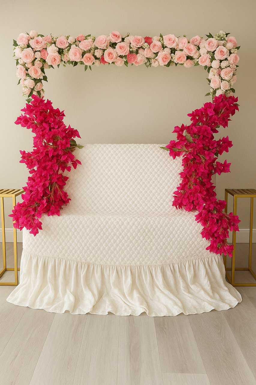 Floral bench setup with pink flowers