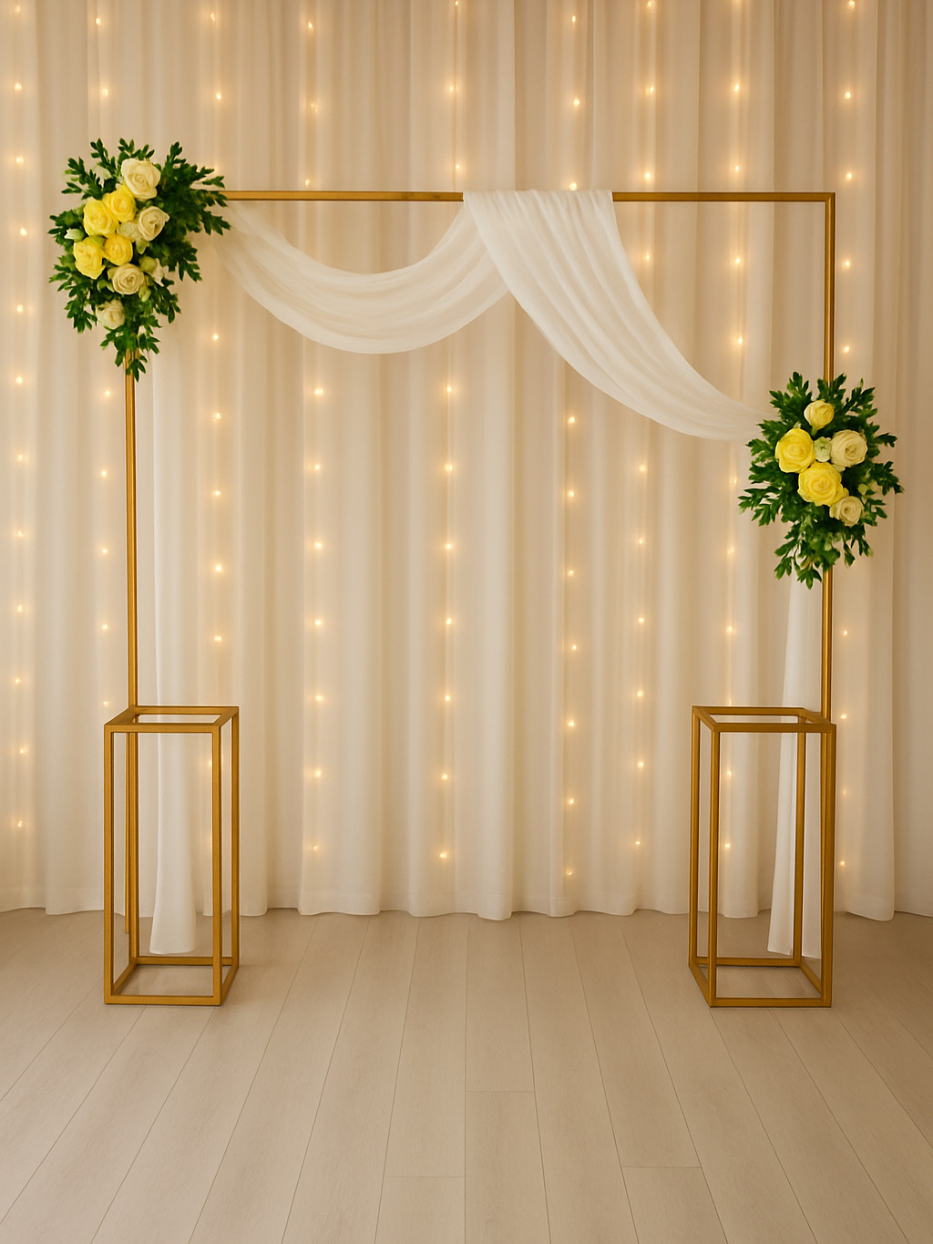 Gold frame backdrop with yellow florals and lights