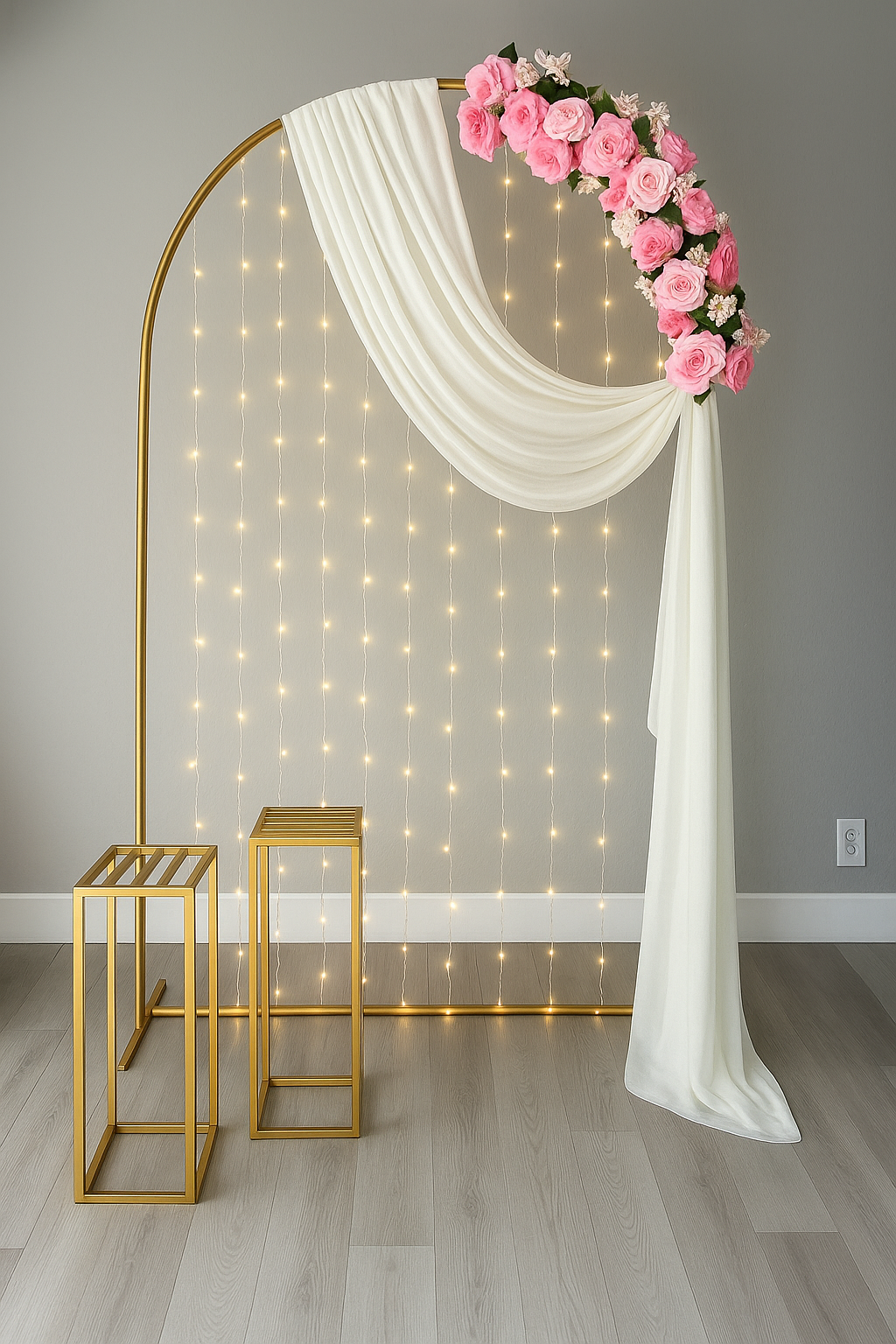 Gold arch with pink florals and string lights