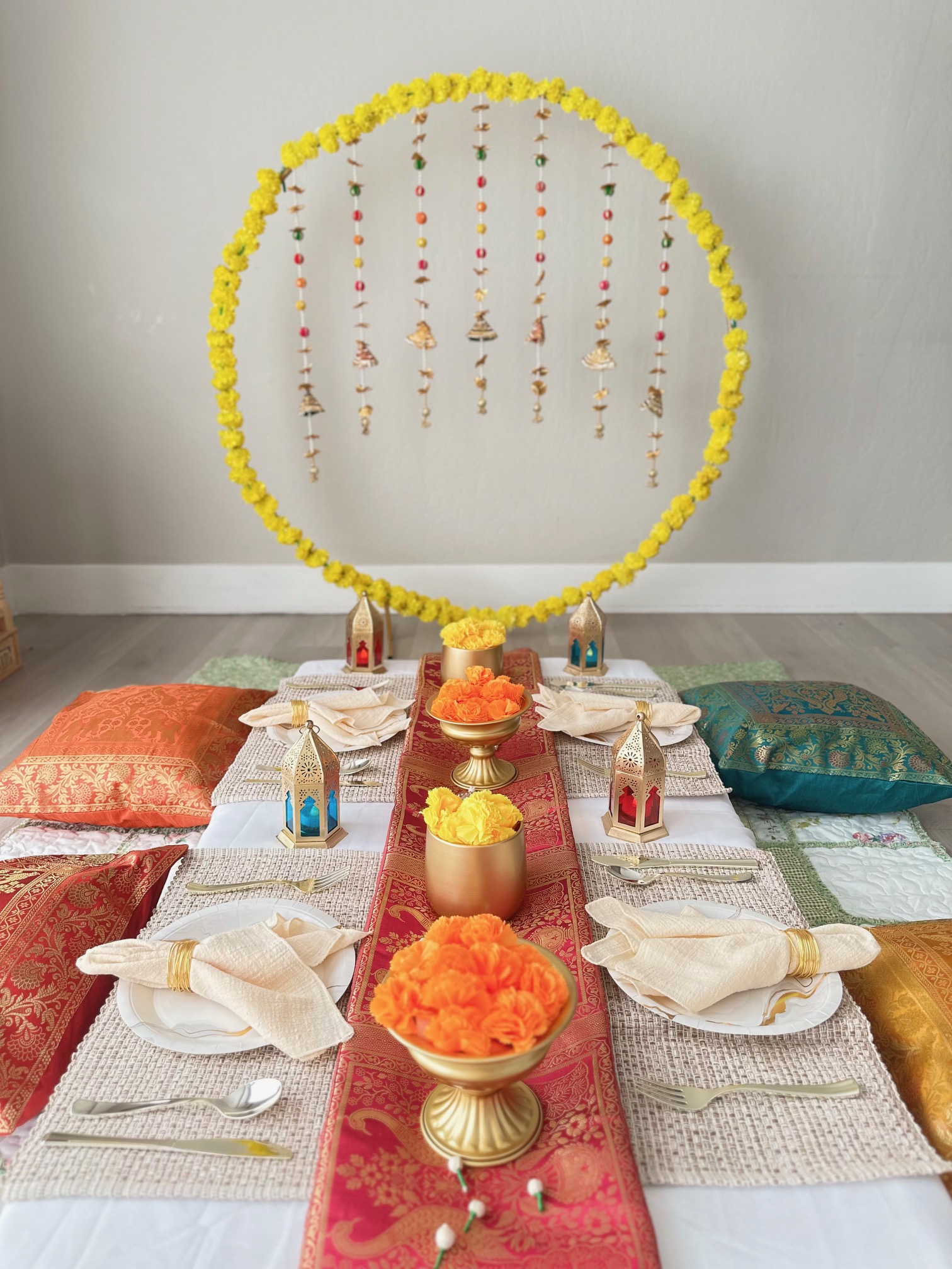 Traditional floor seating decor with marigold ring